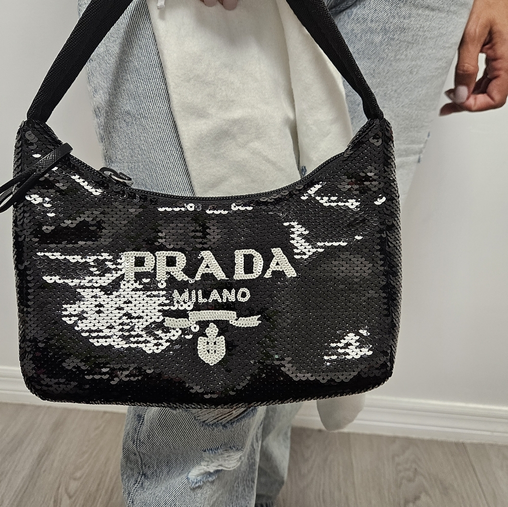 PRADA Sequin Cleo Shoulder Bag Black and White